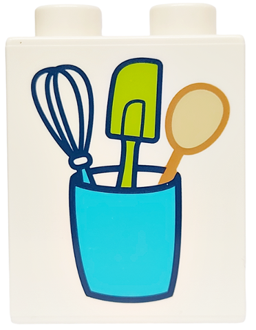 Duplo, Brick 1 x 2 x 2 with Whisk, Spatula and Spoon in Medium Azure Utensils Jar Pattern