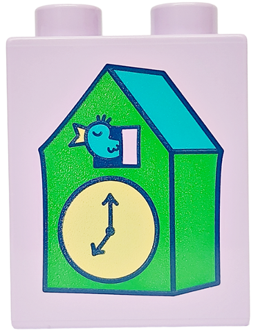 Duplo, Brick 1 x 2 x 2 with Bright Green, Bright Light Yellow and Dark Turquoise Cuckoo Clock Pattern
