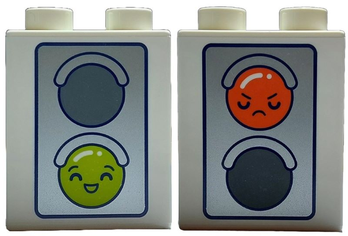 Duplo, Brick 1 x 2 x 2 with Dark Blue and Silver Traffic Light with Dark Bluish Gray Circle and Lime Smiley Smile / Reddish Orange Smiley Sad Pattern