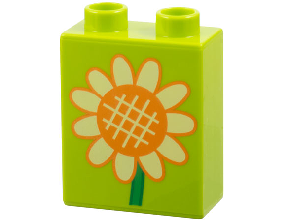 Duplo, Brick 1 x 2 x 2 with Orange and Bright Light Yellow Sunflower with Bright Green Stem Pattern