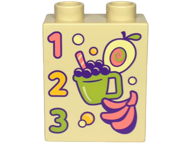 Duplo, Brick 1 x 2 x 2 with Number 1, 2 and 3, Bright Light Orange, Bright Light Yellow, Coral, Lime and Dark Purple Mango, Cup of Grape Juice with Straw, Bubbles and Bananas Pattern
