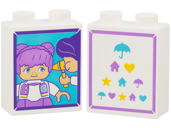 Duplo, Brick 1 x 2 x 2 with Child and Doctor Duplo Minifigures with Otoscope / Medium Azure, Medium Lavender and Yellow Eye Chart Pattern