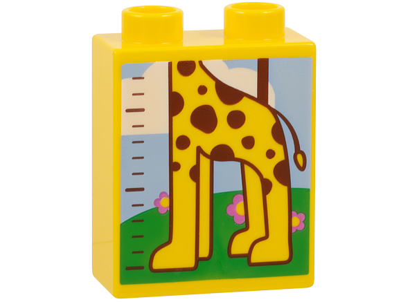 Duplo, Brick 1 x 2 x 2 with Height Chart Bottom Half with Giraffe, Bright Green Grass, Flowers, Tree Trunk, Bright Light Blue Sky and Cloud Pattern