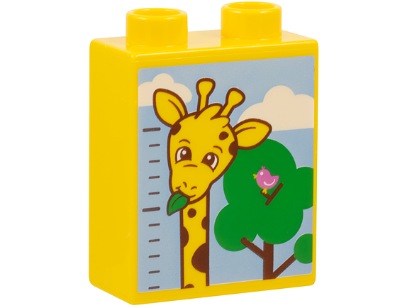 Duplo, Brick 1 x 2 x 2 with Height Chart Top Half with Giraffe, Bright Green and Reddish Brown Tree, Bird, Bright Light Blue Sky and Clouds Pattern