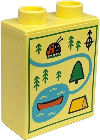 Duplo, Brick 1 x 2 x 2 with Map with Medium Azure River and Lake, Green Trees, Ladybug, Reddish Orange Canoe, Yellow Tent and Black Compass Rose Pattern