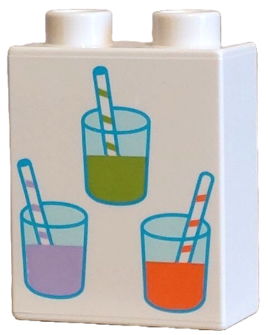 Duplo, Brick 1 x 2 x 2 with Light Aqua Glasses with Coral, Lavender and Lime Juice and Straws Pattern