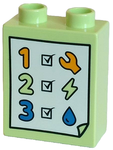 Duplo, Brick 1 x 2 x 2 with Number 1, 2 and 3, Black Check Boxes, Bright Light Orange Wrench, Lightning Bolt, Blue Drop on White Sheet Pattern