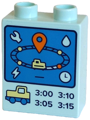 Duplo, Brick 1 x 2 x 2 with Black Train Track with Bright Light Yellow and Orange Dots, Locomotive, White Wrench, Drop, Lightning Bolt and Clock Face on Blue Background, Time Schedule Pattern