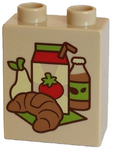 Duplo, Brick 1 x 2 x 2 with Bright Light Yellow, Lime, Medium Nougat and Red Bottle, Croissant, Juice Package with Straw, Strawberry and Pear on Rug Pattern