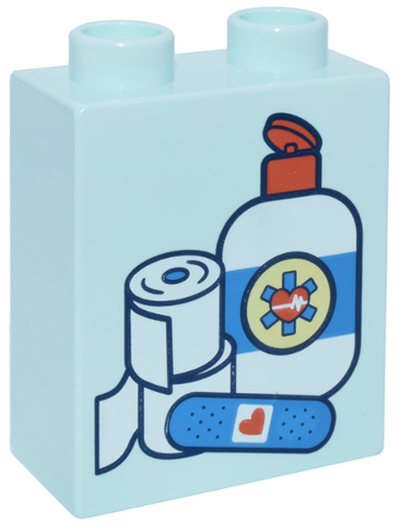 Duplo, Brick 1 x 2 x 2 with Medical Supplies, White Bandages, Dark Azure Band Aid, Bottle with EMT Star of Life, Red Hearts Pattern