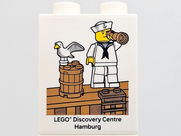 Duplo, Brick 1 x 2 x 2 with LEGO Discovery Centre Hamburg, Sailor Minifigure and Seagull Pattern