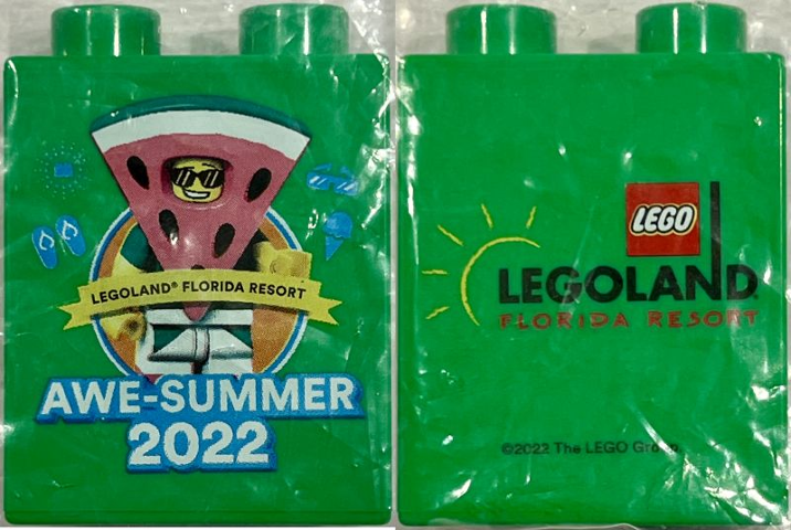 Duplo, Brick 1 x 2 x 2 with LEGOLAND Florida Resort Awe-Summer 2022, Watermelon Dude Minifigure Pattern