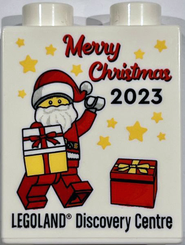 Duplo, Brick 1 x 2 x 2 with Merry Christmas 2023 LEGOLAND Discovery Centre, Santa Claus Minifigure Pattern