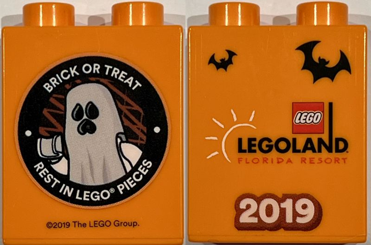 Duplo, Brick 1 x 2 x 2 with Brick Or Treat Rest in LEGO Pieces LEGOLAND Florida Resort 2019, Ghost Minifigure Pattern