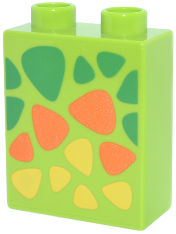 Duplo, Brick 1 x 2 x 2 with Green, Orange and Yellow Dinosaur Scales Pattern