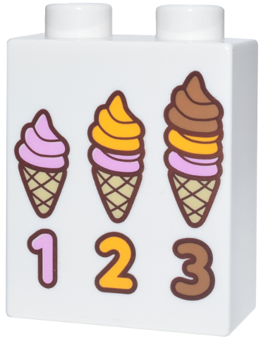 Duplo, Brick 1 x 2 x 2 with Numbers 1, 2, 3, Tan Ice Cream Cones, Bright Pink, Bright Light Orange and Medium Nougat Soft Serve Swirls Pattern