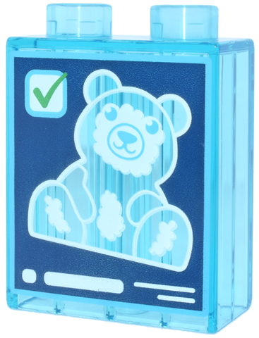 Duplo, Brick 1 x 2 x 2 with Dark Blue Scanner Screen, White Teddy Bear, Green Check Mark Pattern