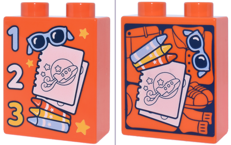 Duplo, Brick 1 x 2 x 2 with Dark Blue Packed Suitcase with Folded Clothes, Coloring Pages, Crayons, Bright Light Blue Glasses, and Numbers 1, 2 and 3 Pattern
