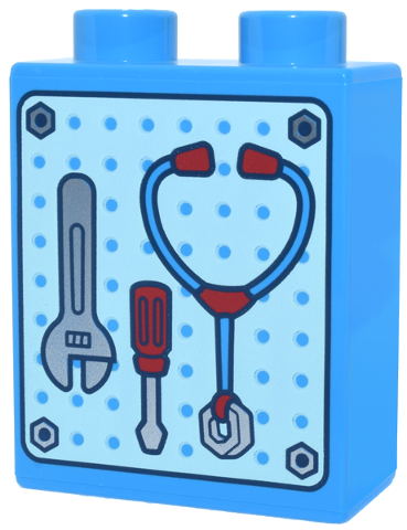 Duplo, Brick 1 x 2 x 2 with Light Aqua Pegboard, Silver Hex Bolts, Wrench and Screwdriver, Red Stethoscope Pattern