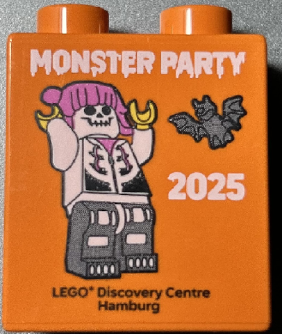 Duplo, Brick 1 x 2 x 2 with MONSTER PARTY 2025 LEGO Discovery Centre Hamburg Pattern