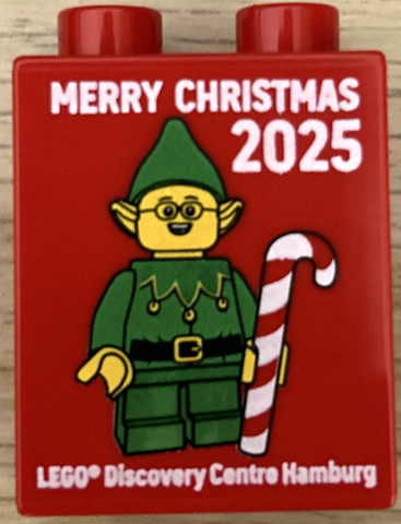 Duplo, Brick 1 x 2 x 2 with Merry Christmas 2025 LEGOLAND Discovery Centre Hamburg Pattern