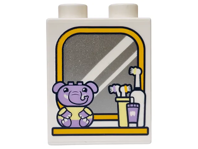 Duplo, Brick 1 x 2 x 2 with Lavender Elephant, Toothbrushes, Silver Mirror with Bright Light Orange Frame and Shelf Pattern