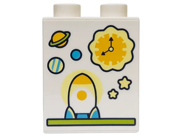 Duplo, Brick 1 x 2 x 2 with Bright Light Yellow Stars, Planets, Clock, Bright Light Orange and Medium Azure Space Rocket on Lime Shelf Pattern