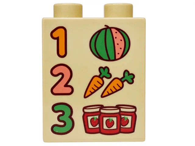 Duplo, Brick 1 x 2 x 2 with Coral and Bright Green Watermelon, Orange Carrots, Red Strawberry Jam Jars and Numbers 1, 2 and 3 Pattern