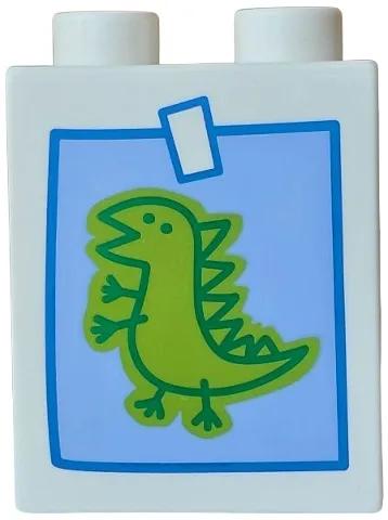 Duplo, Brick 1 x 2 x 2 with Painting of Green and Lime Dinosaur on Medium Blue Background with Blue Outline Tape Pattern
