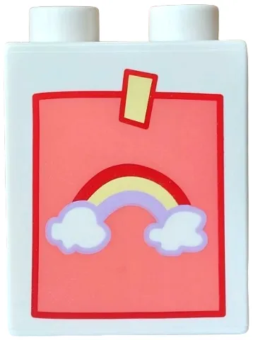 Duplo, Brick 1 x 2 x 2 with Painting of Dark Red, Bright Light Yellow and Medium Lavender Rainbow and Clouds on Coral Background with Tape Pattern