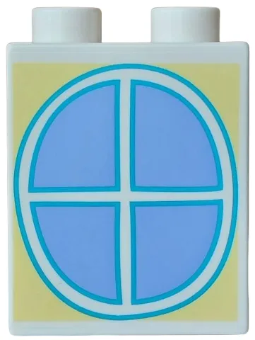 Duplo, Brick 1 x 2 x 2 with Dark Azure Oval Window Frame Outline with Medium Blue Sky on Bright Light Yellow Background Pattern