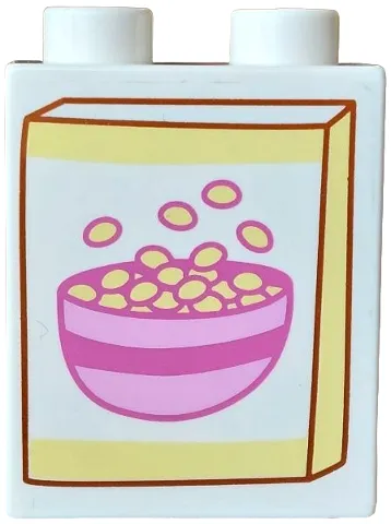 Duplo, Brick 1 x 2 x 2 with Cereal Box with Bright Light Yellow Edges, Bright Pink and Dark Pink Bowl Pattern