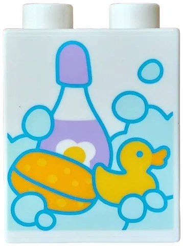 Duplo, Brick 1 x 2 x 2 with Light Aqua Bath Water and Bubbles, Medium Lavender Shampoo Bottle, Bright Light Orange Sponge, Yellow Duck Pattern