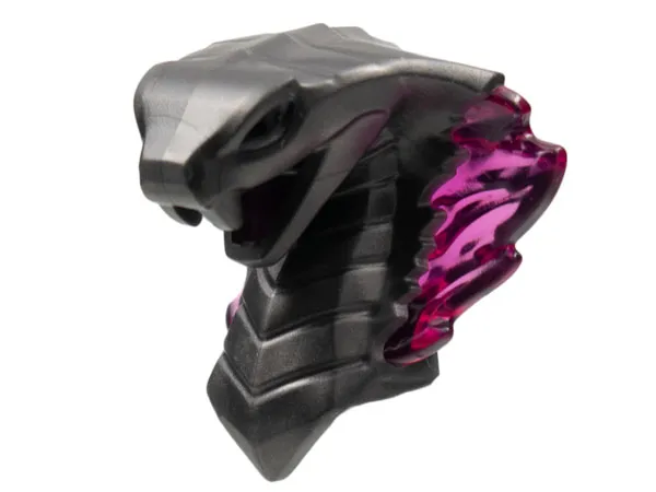 Minifigure, Head, Modified Snake, Cobra with Open Mouth with Molded Trans-Dark Pink Eyes, Tongue, and Flames on Open Hood Pattern