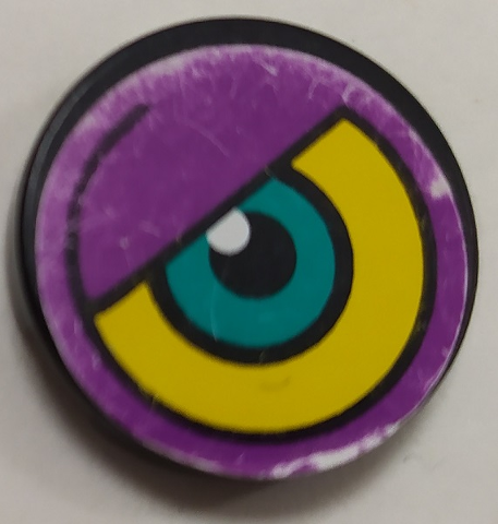 Tile, Round 2 x 2 with Purple/Yellow Background and Dark Turquoise Eye Pattern Model Left Side (Sticker) - Set 8245