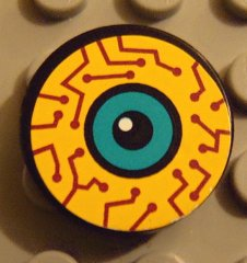 Tile, Round 2 x 2 with Yellow, Purple Circuits, Dark Turquoise Eye Pattern (Sticker) - Set 8245