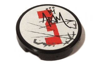 Tile, Round 2 x 2 with Red Number 3, Dark Bluish Gray Splotches, and Black Scratches, Crown, and Graffiti 'ADaM' Pattern Model Left Side (Sticker) - Set 5973