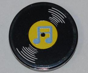 Tile, Round 2 x 2 with Vinyl Record with Yellow Center and Medium Blue Music Notes Pattern (Sticker) - Set 3818