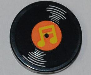 Tile, Round 2 x 2 with Vinyl Record with Orange Center and Yellow Music Notes Pattern (Sticker) - Set 3818