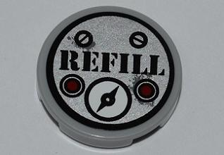 Tile, Round 2 x 2 with Screws, 'REFILL', 2 Red Buttons and Gauge Pattern (Sticker) - Set 5887