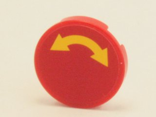 Tile, Round 2 x 2 with Yellow Curved Arrow Double on Red Background Pattern (Sticker) - Set 4204