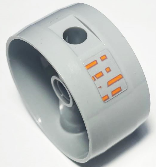 Cylinder 4 x 4 x 1 2/3 with Pin Holes and Center Bar with 4 Dotted Orange Lines / Stylized Alien Characters Pattern Model Left Side (Sticker) - Set 75144