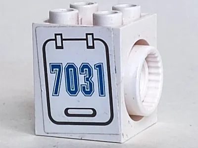 Technic, Brick Modified 2 x 2 x 2 with Rotation Joint Socket with Blue '7031' on Hatch Pattern Model Left Side (Sticker) - Set 7031