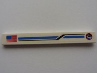 Tile 1 x 8 with United States of America (USA) Flag, Blue and Black Stripes and Red Flying Shuttle over Blue Planet Pattern Model Left Side (Sticker) - Sets 10213 / 10231