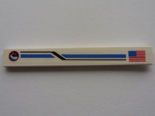 Tile 1 x 8 with United States of America (USA) Flag, Blue and Black Stripes and Red Flying Shuttle over Blue Planet Pattern Model Right Side (Sticker) - Sets 10213 / 10231