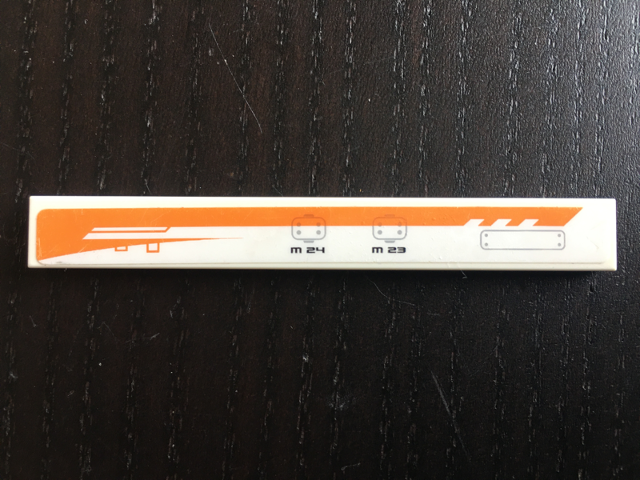 Tile 1 x 8 with Orange Stripe, Light Bluish Gray Panels with Rivets, and Black 'M 24' and 'M 23' Pattern Model Left Side (Sticker) - Set 7644