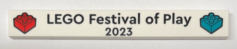 Tile 1 x 8 with Black 'LEGO Festival of Play 2023' and Red and Dark Turquoise Brick Pattern