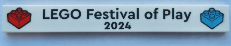 Tile 1 x 8 with Black 'LEGO Festival of Play 2024' and Red and Medium Azure Brick Pattern