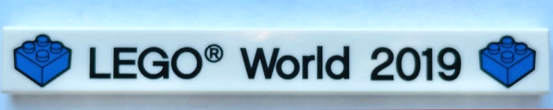 Tile 1 x 8 with Black 'LEGO World 2019' and Blue Bricks Pattern