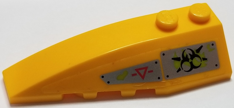 Wedge 6 x 2 Left with Red Caution Triangle, Black Biohazard Symbol and Lime Ooze on Silver Bolted Plates Pattern (Sticker) - Set 70163